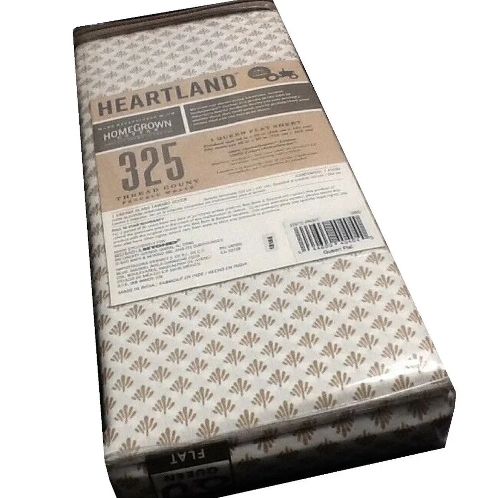 new GEO Brown & White Heartland 325 TC 100% Cotton Percale QUEEN Flat Sheet
